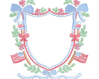 4th of July crest embroidery, embroidery patriotic crest, coquette bow, red white and blue embroidery designs, American flag embroidery