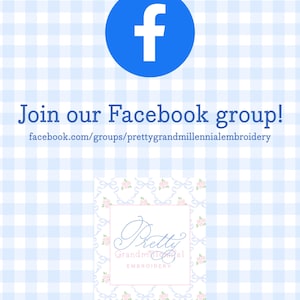 The image is a Facebook group advertisement featuring a blue Facebook logo, a white Facebook group name, and a floral pattern. The text invites viewers to join the Facebook group and provides a website address for joining.