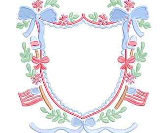 4th of July crest embroidery, embroidery patriotic crest, coquette bow, red white and blue embroidery designs, American flag embroidery