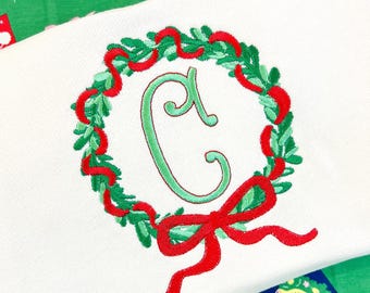 Preppy Christmas wreath grandmillennial embroidery design, digital embroidery designs, instant download, coquette bow Christmas wreath