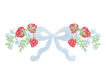 Grandmillennial Strawberry Bow embroidery design, digital embroidery designs, embroidery, coquette embroidery, strawberries embroidery