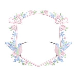 Preppy hummingbird Crest grandmillennial embroidery design, digital embroidery designs, instant download, coquette bow crest embroidery