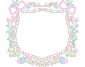 Preppy Crest grandmillennial embroidery design, digital embroidery designs, instant download, coquette bow crest embroidery