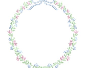 Preppy Crest wreath grandmillennial embroidery design, digital embroidery designs, instant download, coquette bow crest floral wreath