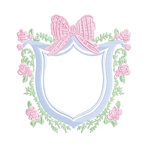 Preppy Crest grandmillennial embroidery design, digital embroidery designs, instant download, coquette bow crest embroidery