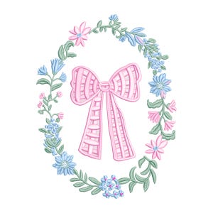 Preppy Crest wreath grandmillennial embroidery design, digital embroidery designs, instant download, coquette bow crest floral wreath
