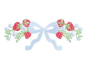 Grandmillennial Strawberry Bow embroidery design, digital embroidery designs, embroidery, coquette embroidery, strawberries embroidery