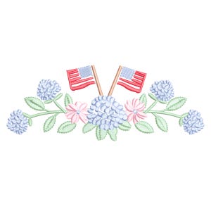 4. Juli Hortensienstickerei, Stickerei patriotische Flagge, Hortensie zum Unabhängigkeitstag, Hortensienblüten, Stickerei der amerikanischen Flagge