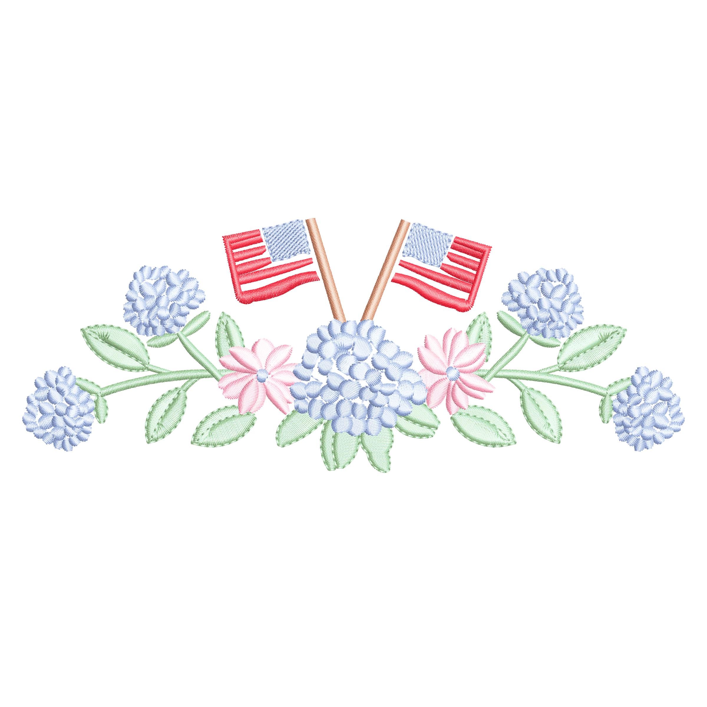 4th of July hydrangea embroidery, embroidery patriotic Flag, independence day hydrangea, hydrangea flowers, American flag embroidery