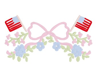 4th of July bow embroidery, embroidery patriotic Flag, coquette bow, red white and blue embroidery designs, American flag embroidery
