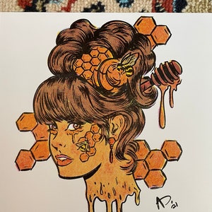 May include: A colorful illustration of a woman's head with honey dripping down her face and neck. Her hair is styled with a honeycomb and a bee. The background is white.