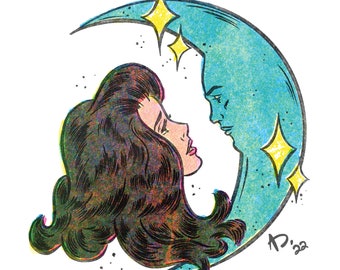 Mädchen & Mond Kunst | Digitaler Kunstdruck | Pop Art Wandkunst | Mehrere Größen