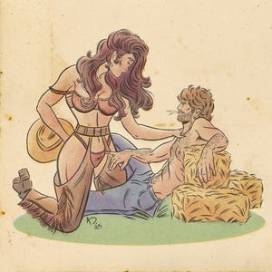 Puede incluir: Ilustración de estilo vintage de un vaquero y una vaquera. La vaquera, con unos chaps con flecos y un sombrero, se inclina sobre el vaquero, que está reclinado sobre balas de heno. La obra de arte tiene un tono sepia y un fondo verde y amarillo.