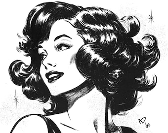 Retro Illustration Print, 50s Artwork, Vintage Digital Art, Pen
