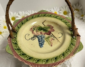 Vintage floral dish with wicker handle