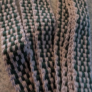 Puede incluir: Primer plano de un textil tejido con un patrón repetitivo. El diseño presenta rayas verticales alternas en verde oscuro y gris claro. La textura del tejido es visible, creando una apariencia táctil. El textil parece estar hecho de hilo.