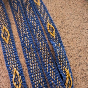 Puede incluir: Primer plano de varias correas tejidas azules con un patrón de diamantes amarillos repetido. Las correas están hechas de un material tejido apretado, y los diamantes amarillos están espaciados uniformemente a lo largo de las correas. El fondo es de color neutro.