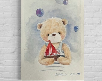 Sailor teddy bear - Watercolor painting - Watercolor nursery art - Painting- Watercolor animals - Watercolor bear - Home decor - Babyroom