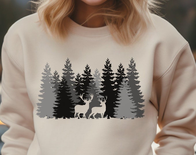 Deer in Trees Sweatshirt or Hoodie, Forest Sweatshirt, Evergreen Trees, Gift for Nature Lover, Wilderness, Forest Shirt