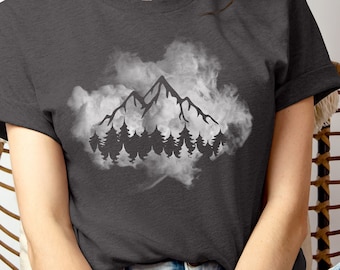 Foggy Mountain Unisex Short Sleeve Tee Shirt for Camping, Hiking, Mountains, Adventure, Wanderlust and Nature Lovers