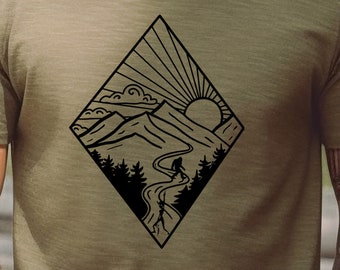 Funny Bigfoot Shirt Featuring Alien Friend - Sasquatch Shirt, Alien Shirt, Geometric Mountains Shirt, Camping Shirt, Hiking Shirt