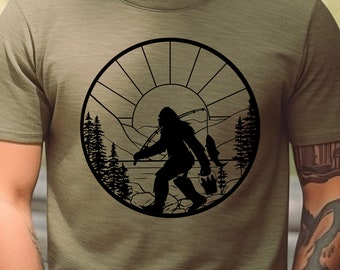 Funny Bigfoot Fishing Shirt - Unisex Short Sleeve Sasquatch Tee for Camping, Hiking or Adventure of Any Kind