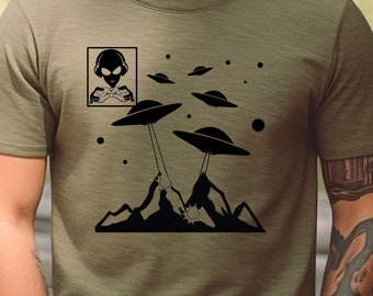 Mountain Invasion Gaming Shirt - Alien Shirt, Alien Shirt, Mountains Shirt, Camping Shirt, Hiking Shirt, Gaming Tee