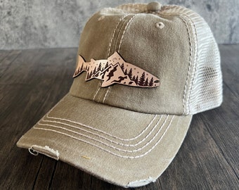 Leather Patch Mountain Fish Hat in Khaki - Outdoor Hat, Unstructured Cap