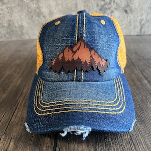Leather Patch Mountain Hat in Denim and Orange - Outdoor Hat, Unstructured Cap
