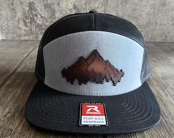 Leather Patch Mountain Hat Flat Bill - Outdoor Hat, Gift for Him, Richardson 112