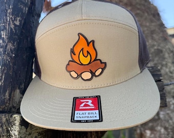 Campfire Hat, 3D Patch Richardson 168 Flat Bill Snapback, Camping Gift for Men, Outdoor Adventure Hat