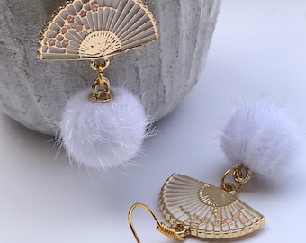 Fan and white pompom earrings