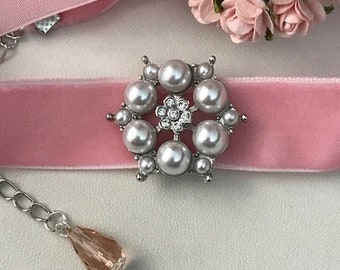 Pink velvet choker, marquise choker, pink velvet ribbon, Victorian style necklace, Parisian style choker, women's gift pearl choker.