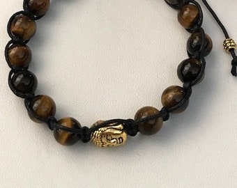 Bracelet oeil de tigre tête de bouddha doré, bracelet homme