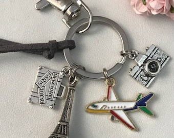 Paris travel keychain, Eiffel Tower airplane suitcase bag charm, paris tokyo new york souvenir keychain, travel pendant bag charm