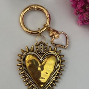Sacred heart ex voto keychain charms, ex voto bag charms, sacred heart charms gift for women, gold and white heart charms.