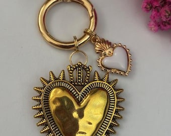 Sacred heart ex voto keychain charms, ex voto bag charms, sacred heart charms gift for women, gold and white heart charms.