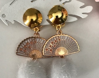 Fan earrings, pompom ear clips, pendants, flower fan, and white ball pompom