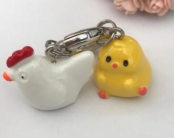 Hen and chick keyring, chick and chicken charms, chick gift for girl, hen and chick gift for kids, small farm keyring