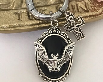 Silver cross and bat charms, gothic bag charms, bat and cross gift for women, gothic charms.
