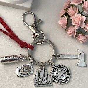 Firefighter helmet flame ax key ring, gift for firefighter, gift for dad, kawaii fire ax charm, gift for fire man.