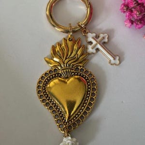 Sacred heart and cross ex voto charms, ex voto bag charms, gift for women sacred heart charms, golden hearts and white flower charms.