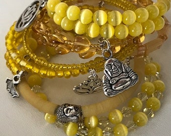 Bracelets semainier perles lotus main tête de bouddha, ton jaune