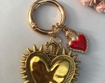 Sacred heart ex voto keychain charms, ex voto bag charms, sacred heart charms gift for women, golden and red heart charms.