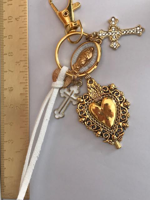 Virgin Mary Sacred Heart and Cross Keychain, Virgin Mary Mother's