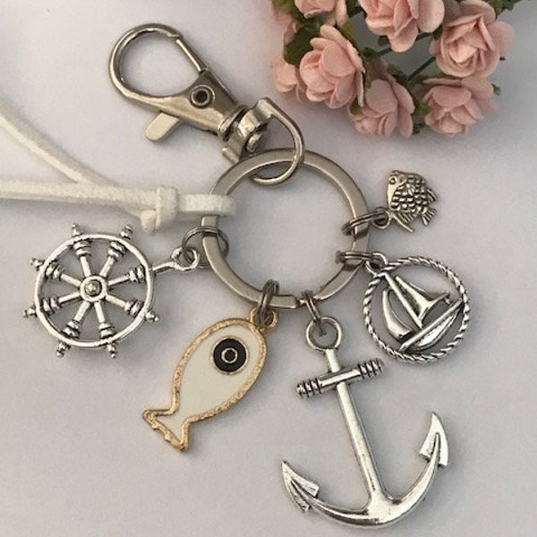 Porte-clés marin pêcheur, cadeau pour pêcheur plaisancier, breloque ancre marine, pendentif yacht kawaii, porte clé pêcheur poisson océan.