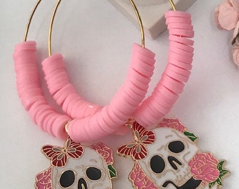 Boucles d'oreille créole tête de mort mexicaine, créoles perles et calavera rose, pendentif calavera kawaii, cadeau pour maman calavera rose