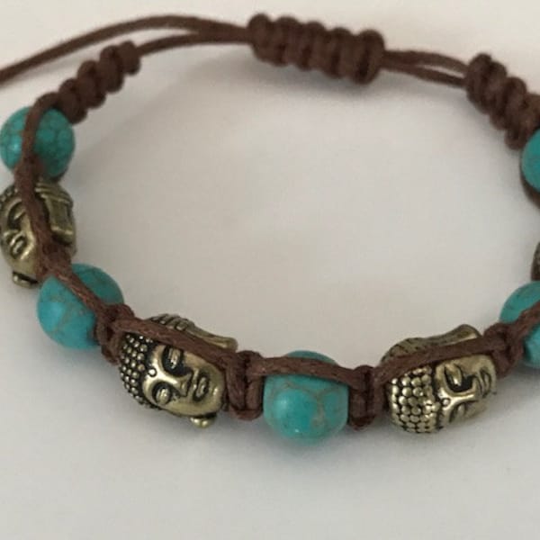 Bracelet tête de bouddha bronze, perles turquoises