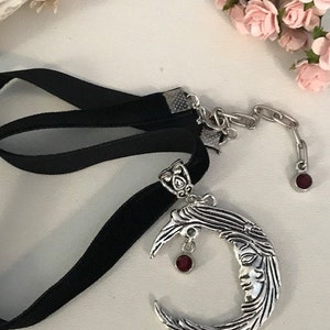 Moon choker necklace, moon pendant choker and garnet rhinestones, moon pendant choker, moon charm velvet ribbon image 3