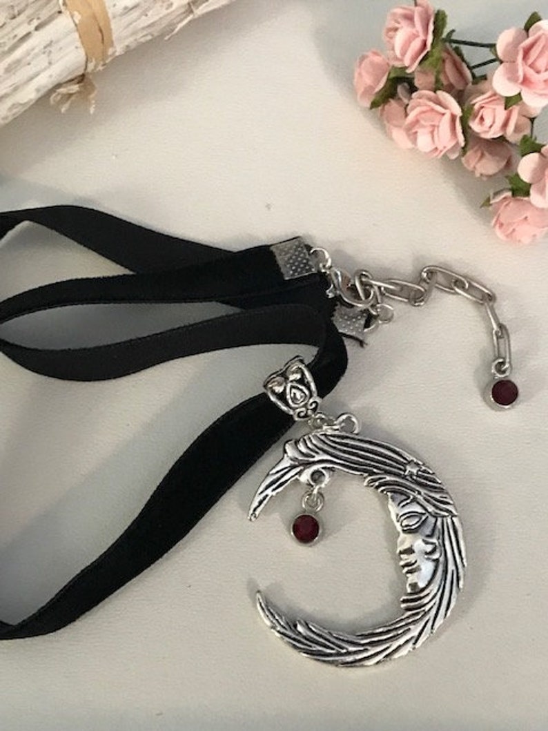 Moon choker necklace, moon pendant choker and garnet rhinestones, moon pendant choker, moon charm velvet ribbon image 3